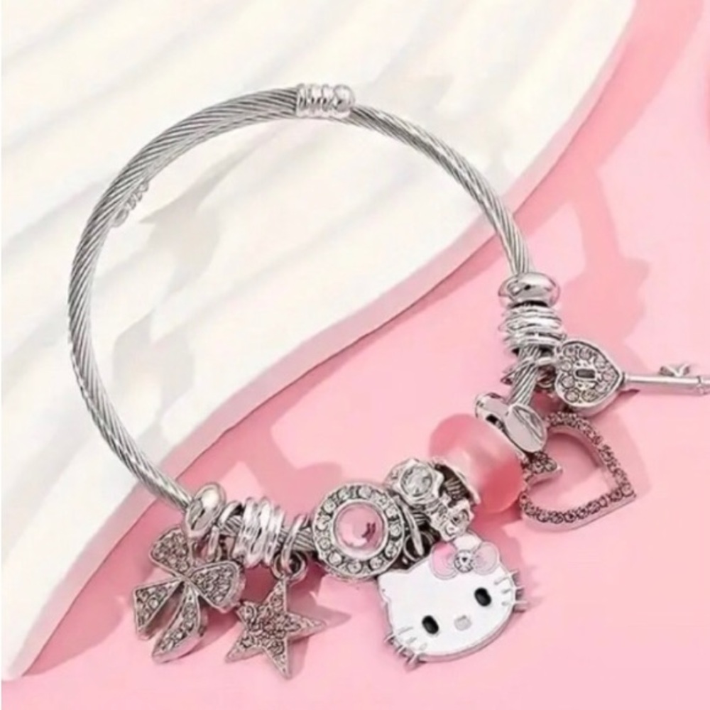 Hello Kitty Silver and Pink Charm Bracelet Anime Charms Feminine Delicate Cute - Picture 3 of 4